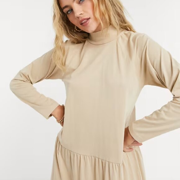 ASOS DESIGN | Smock Midi Dress Tiered Hem color Beige size 10 - Picture 2 of 4